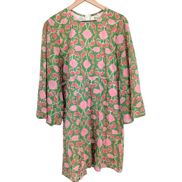 SZ Blockprints Floral Mini Dress Pink Green Block Print Boho Shift L NWT - Picture 2 of 5